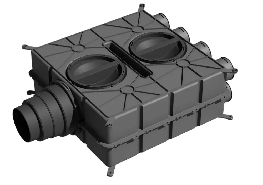 Luftverteiler mit mehreren Stutzen und Verschlusskappen. Produkt von Wolf zur Luftverteilung, zeigt ein kompaktes Design mit mehreren Anschlussmöglichkeiten.
